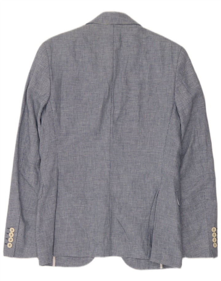 Zara Mens 2 Button Blazer Jacket EU 46 Small Blue Houndstooth Linen