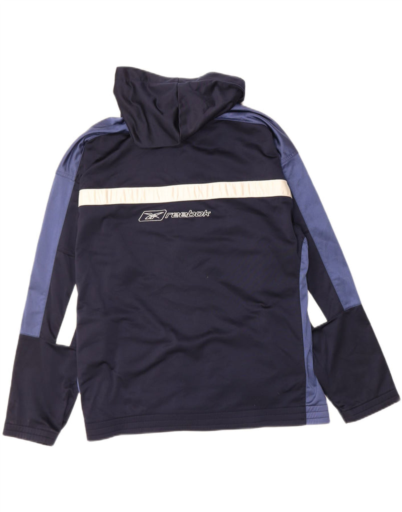 REEBOK Mens Graphic Zip Hoodie Sweater Small Navy Blue Colourblock Vintage Reebok and Second-Hand Reebok from Messina Hembry 