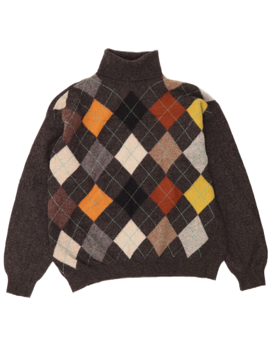 Benetton Mens Roll Neck Jumper Sweater IT 52 Large Grey Argyle/Diamond Wool