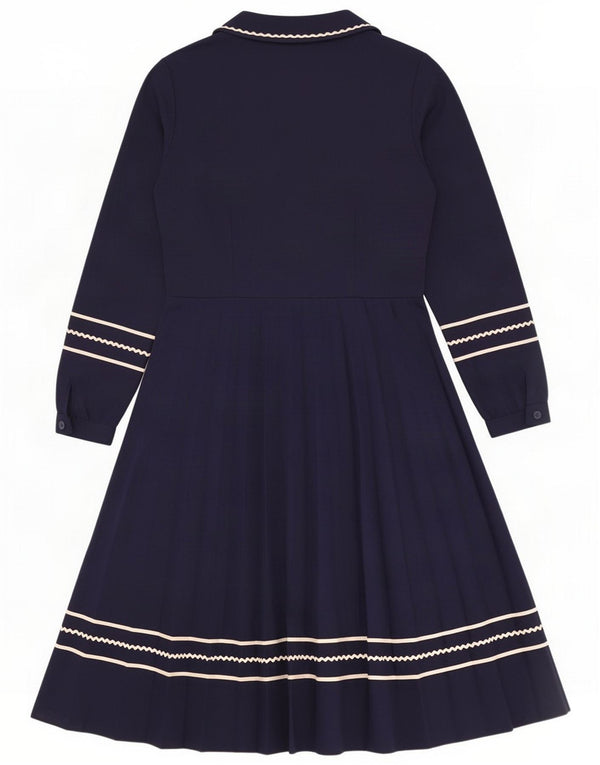 Vintage Womens Long Sleeve A-Line Dress IT 44 Medium Navy Blue Striped