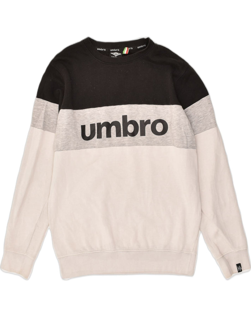 UMBRO Mens Graphic Sweatshirt Jumper Medium White Colourblock Cotton | Vintage Umbro | Thrift | Second-Hand Umbro | Used Clothing | Messina Hembry 