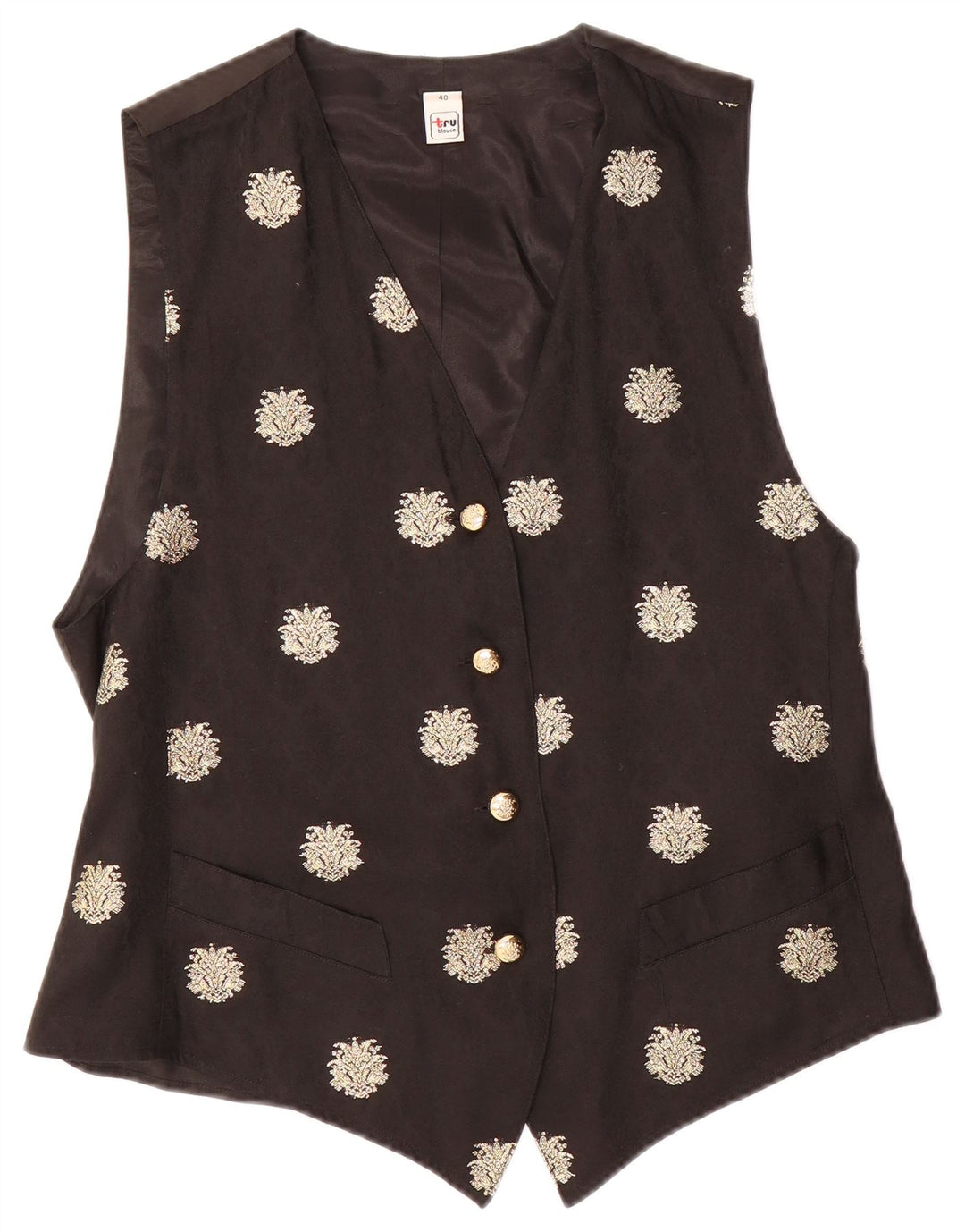 TRU Womens Waistcoat EU 40 Medium Black Floral Acetate