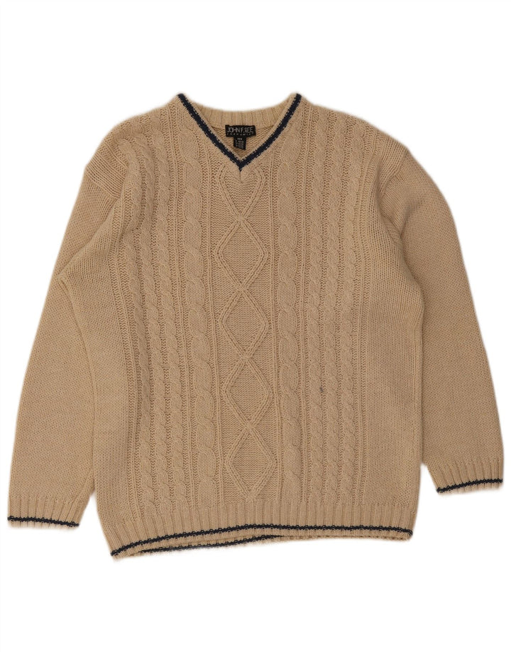 John F Gee Mens V-Neck Jumper Sweater IT 48/50 Medium Beige Polyacrylic