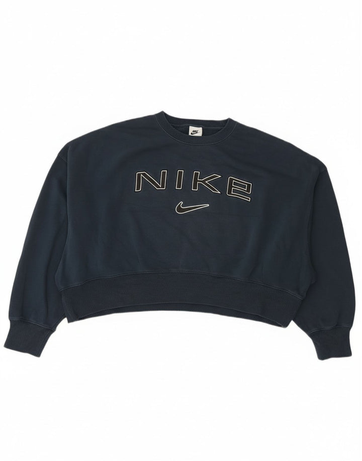 Nike Womens Oversized Crop Graphic Sweatshirt Jumper UK 14 Medium Navy Blue