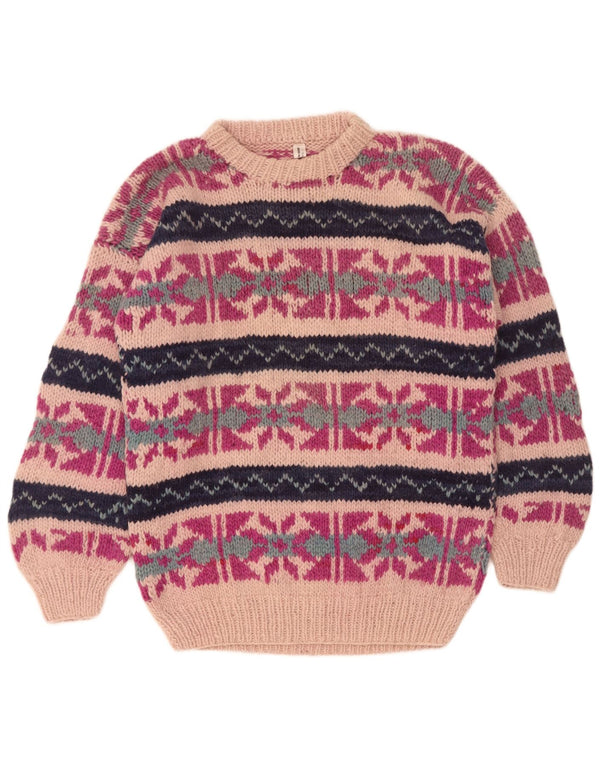 Vintage Womens Crew Neck Jumper Sweater UK 16 Large Pink Fair Isle Wool
