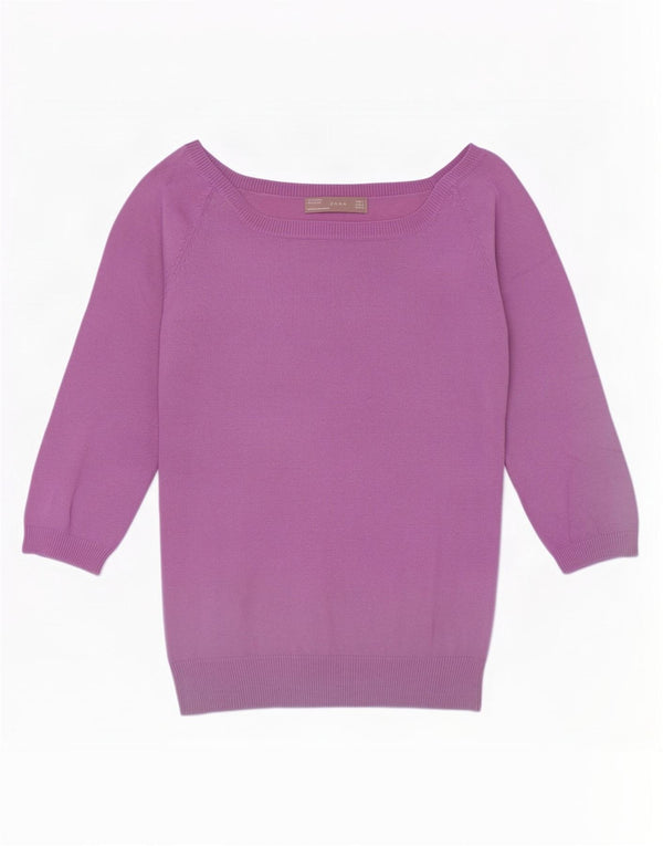Zara Womens Crop 3/4 Sleeve Boat Neck Jumper Sweater UK 10 Small Purple