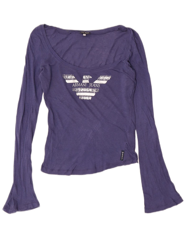 Armani Jeans Womens Crop Graphic Top Long Sleeve UK 14 Medium Blue Cotton