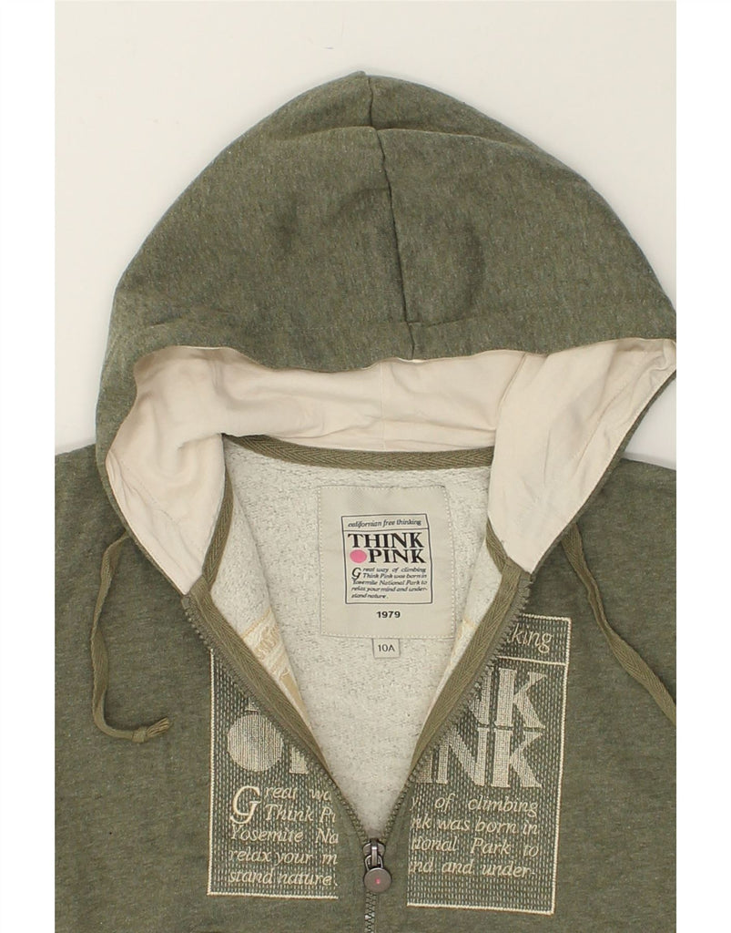 THINK PINK Boys Graphic Zip Hoodie Sweater 9-10 Years Khaki Cotton | Vintage Think Pink | Thrift | Second-Hand Think Pink | Used Clothing | Messina Hembry 