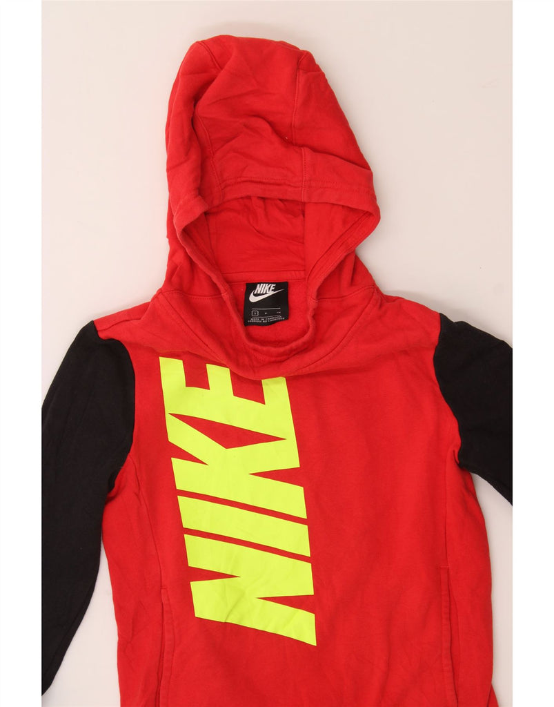 NIKE Girls Graphic Hoodie Jumper 8-9 Years Small Red Colourblock Cotton Vintage Nike and Second-Hand Nike from Messina Hembry 