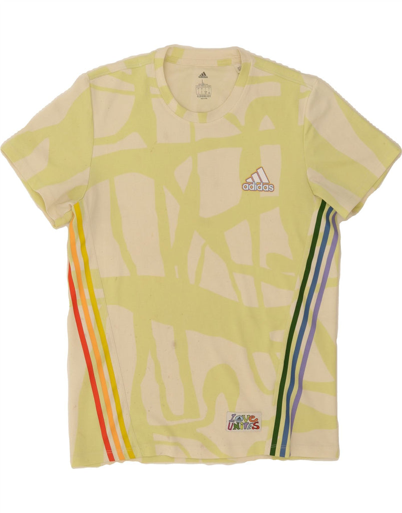 ADIDAS Mens Aeroready Graphic T-Shirt Top Large Yellow Geometric Polyester Vintage Adidas and Second-Hand Adidas from Messina Hembry 