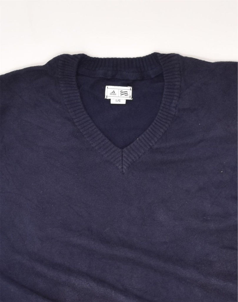 ADIDAS Mens V-Neck Jumper Sweater Large Navy Blue Cotton | Vintage Adidas | Thrift | Second-Hand Adidas | Used Clothing | Messina Hembry 