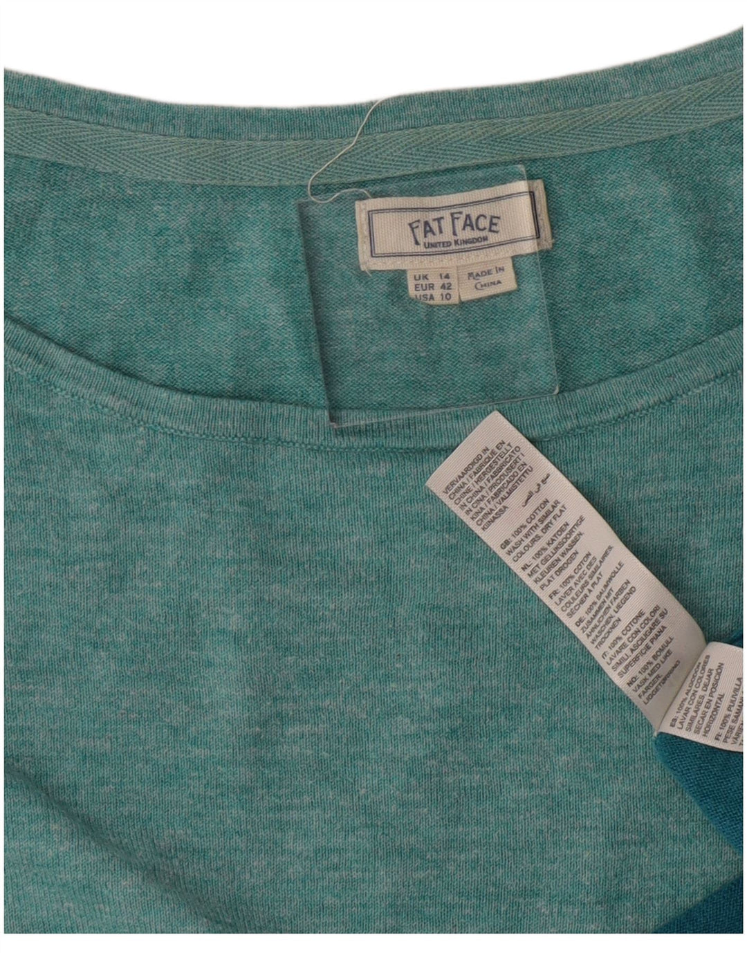 Fat Face Womens Top Long Sleeve UK 14 Large Turquoise Colourblock Cotton