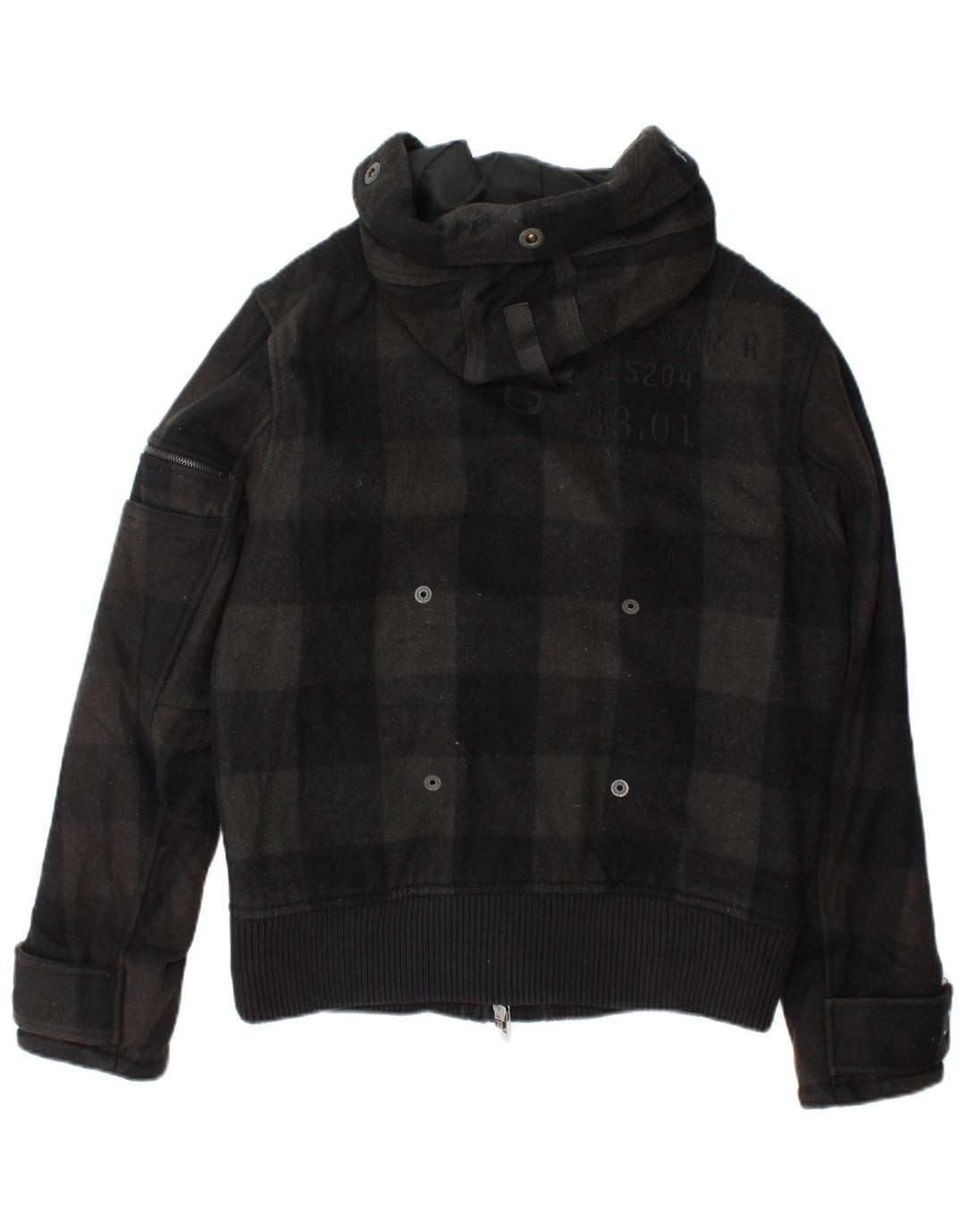 G-Star Mens Hooded Bomber Jacket UK 40 Large Black Check Wool