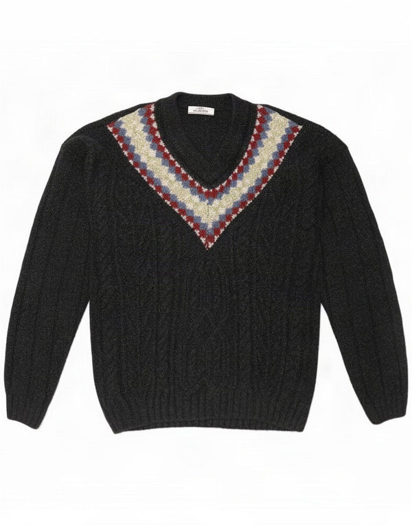Ciao Mens V-Neck Jumper Sweater XL Black Fair Isle New Wool