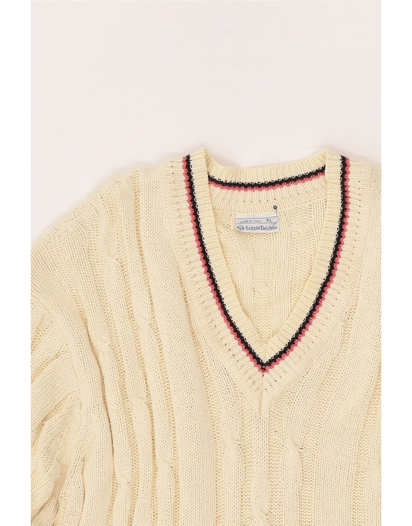 SERGIO TACCHINI Womens V-Neck Jumper Sweater UK 18 XL Beige Cotton | Vintage Sergio Tacchini | Thrift | Second-Hand Sergio Tacchini | Used Clothing | Messina Hembry 