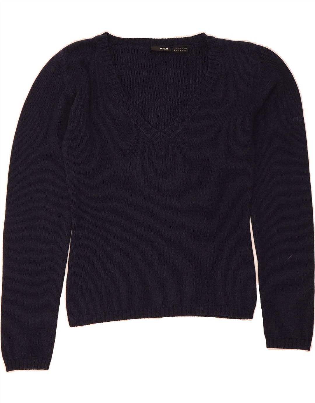 FILA Womens V-Neck Jumper Sweater UK 12 Medium  Navy Blue Cotton Vintage Fila and Second-Hand Fila from Messina Hembry 