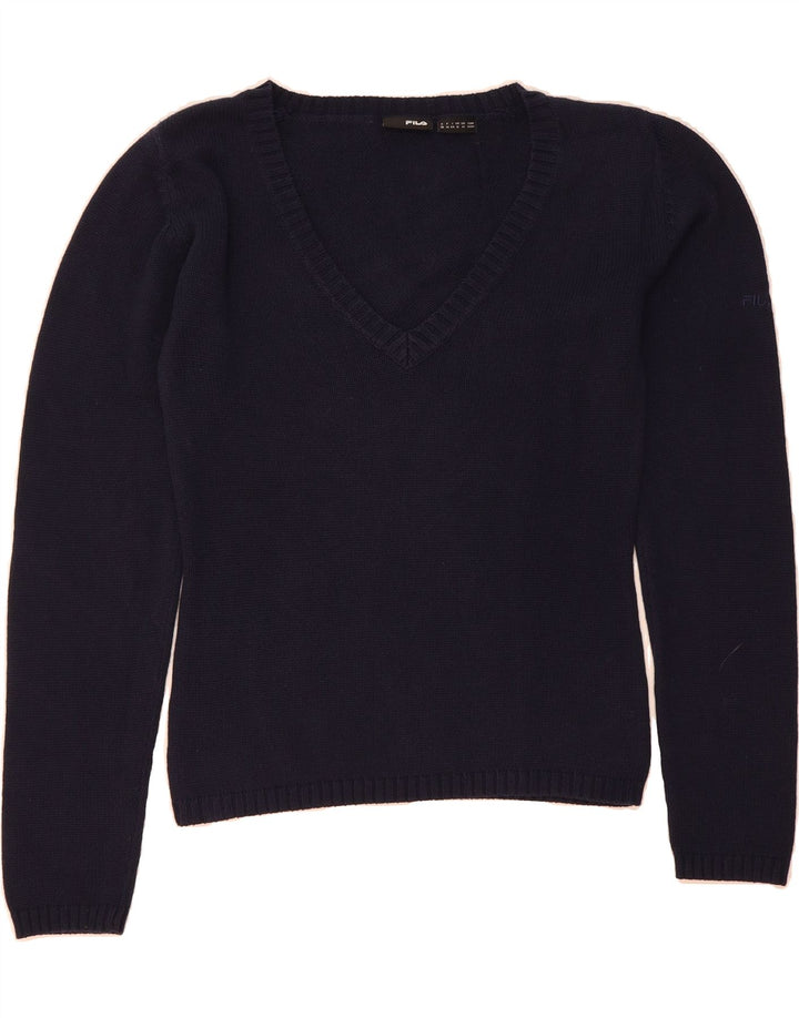 FILA Womens V-Neck Jumper Sweater UK 12 Medium  Navy Blue Cotton Vintage Fila and Second-Hand Fila from Messina Hembry 