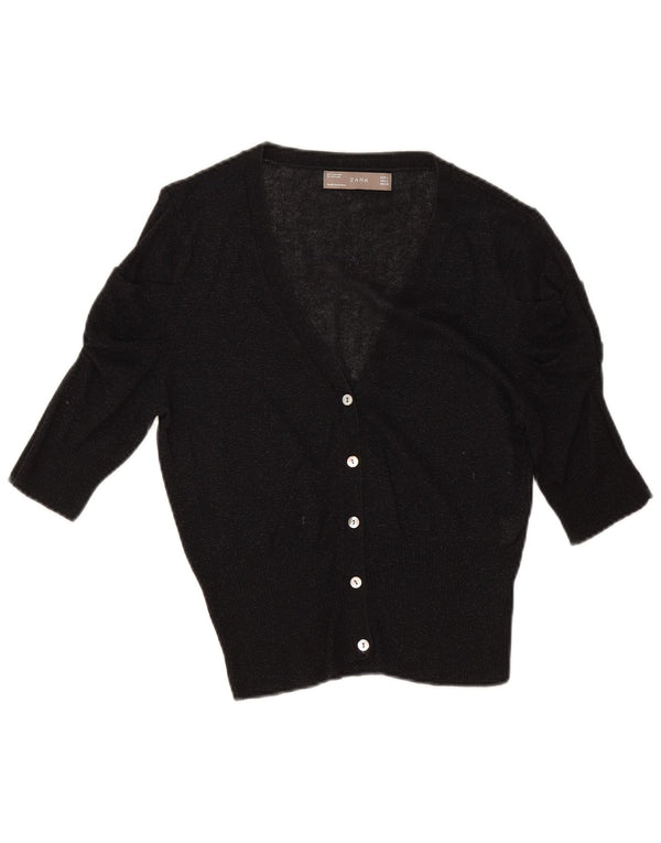 Zara Womens Short Sleeve Crop Cardigan Sweater UK 14 Large Black Cotton