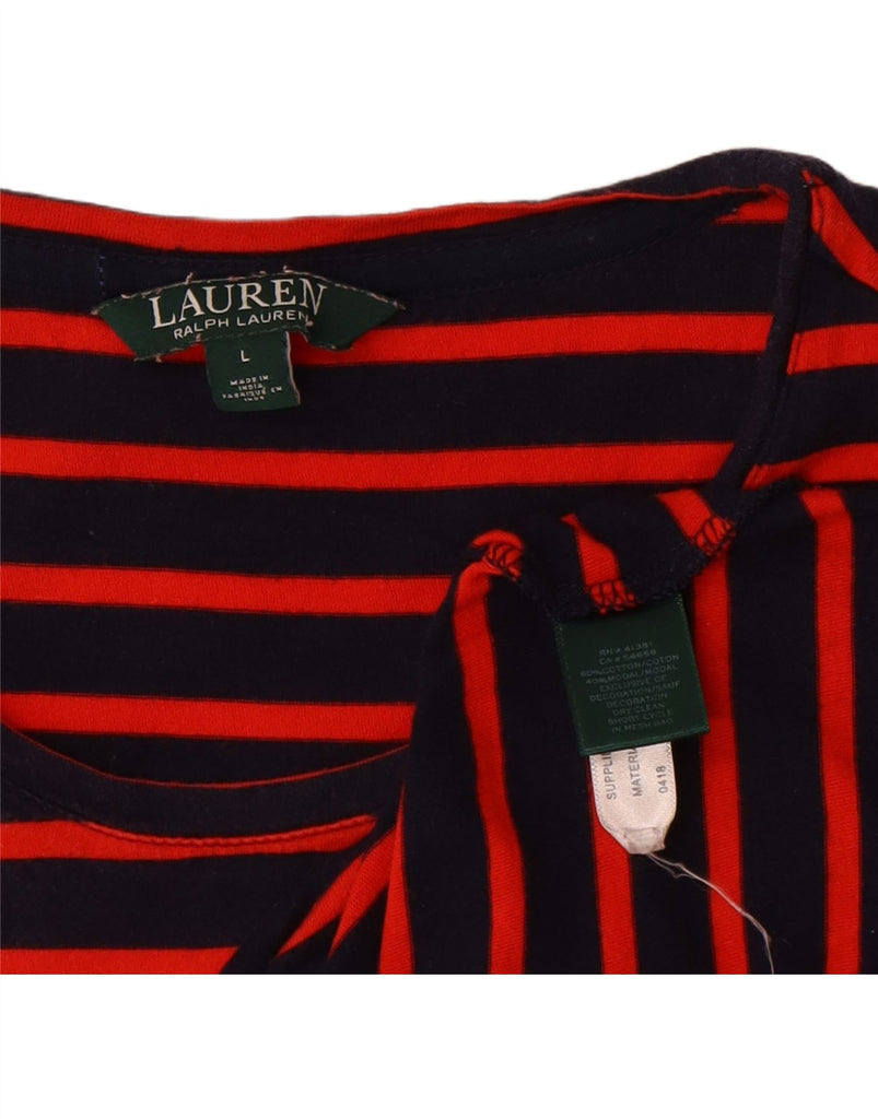 RALPH LAUREN Womens Graphic T-Shirt Top UK 16 Large Navy Blue Striped Vintage Ralph Lauren and Second-Hand Ralph Lauren from Messina Hembry 