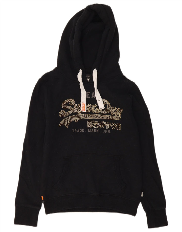 Superdry Womens Graphic Hoodie Jumper UK 12 Medium Black Cotton