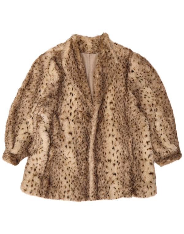 Vintage Womens Open Faux Fur Jacket UK 18 XL Beige Animal Print