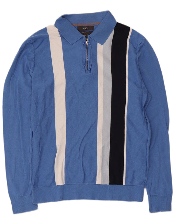 Marks & Spencer Mens Polo Neck Jumper Sweater Medium Blue Striped Cotton