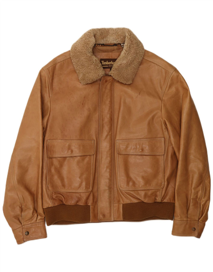 Timberland Mens Leather Bomber Jacket UK 42 XL Brown Leather