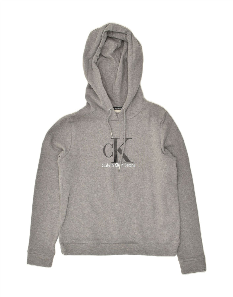 CALVIN KLEIN Womens Graphic Hoodie Jumper UK 6 XS Grey Cotton | Vintage Calvin Klein | Thrift | Second-Hand Calvin Klein | Used Clothing | Messina Hembry 