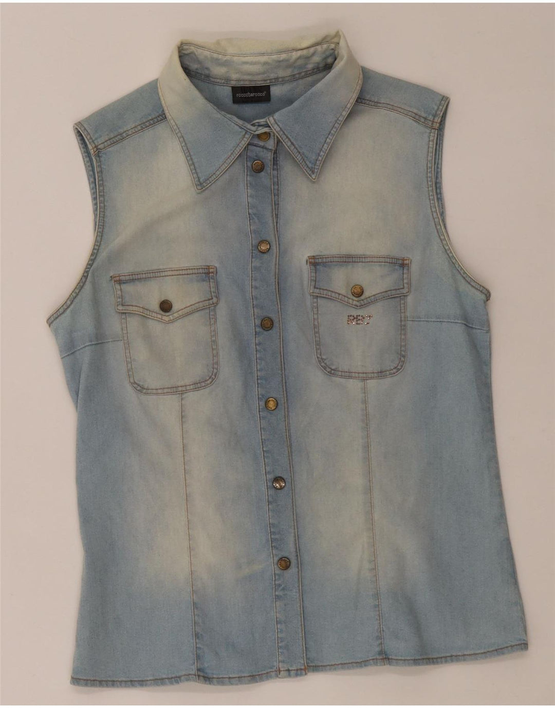 Roccobarocco Womens Sleeveless Denim Shirt IT 48 XL Blue Cotton
