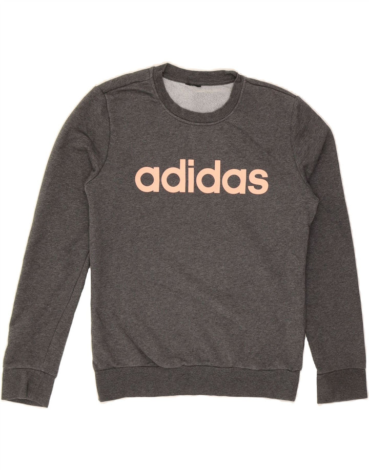 ADIDAS Womens Graphic Sweatshirt Jumper UK 10 Small Grey Cotton Vintage Adidas and Second-Hand Adidas from Messina Hembry 