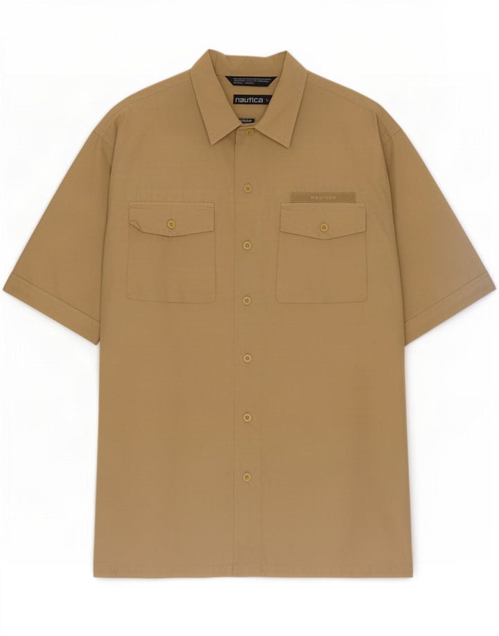 Nautica Mens Short Sleeve Shirt Large Beige Cotton