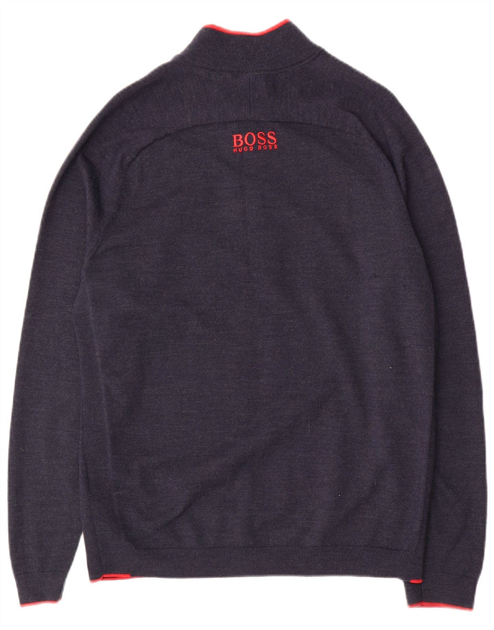 HUGO BOSS Mens Zip Neck Jumper Sweater Medium Navy Blue Polyester