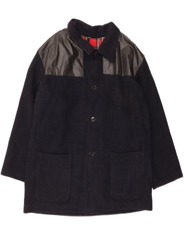 VINTAGE Mens Loose Fit Overcoat IT 44 XS Navy Blue Colourblock Wool