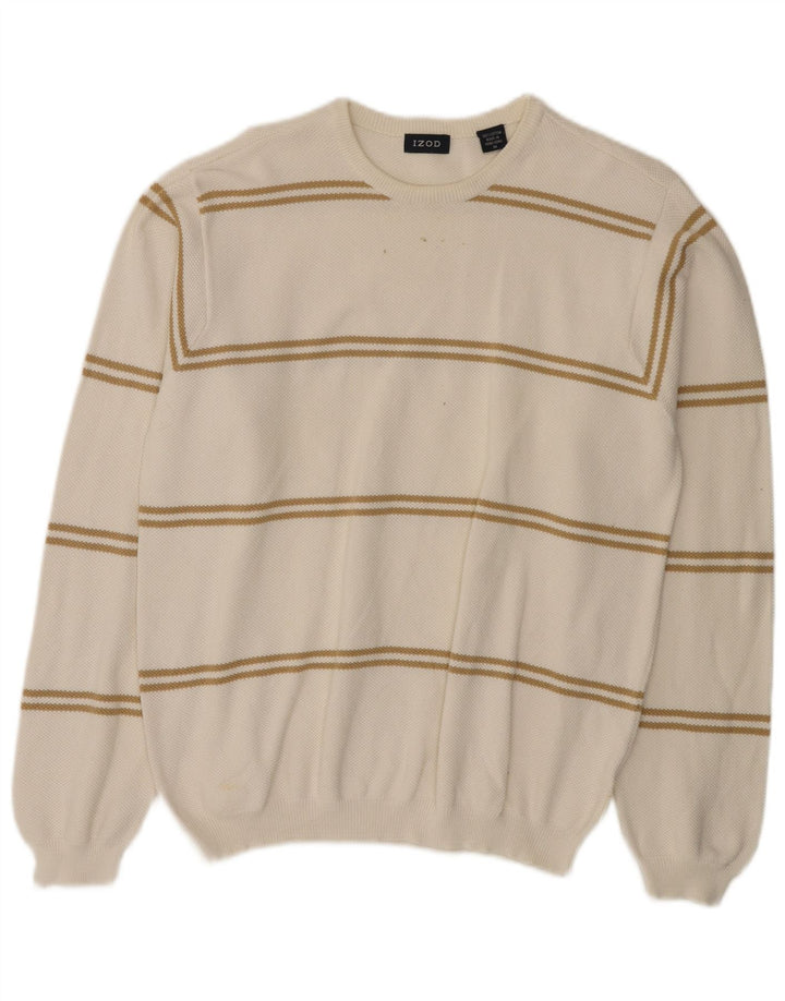 Izod Mens Crew Neck Jumper Sweater Medium White Striped Cotton