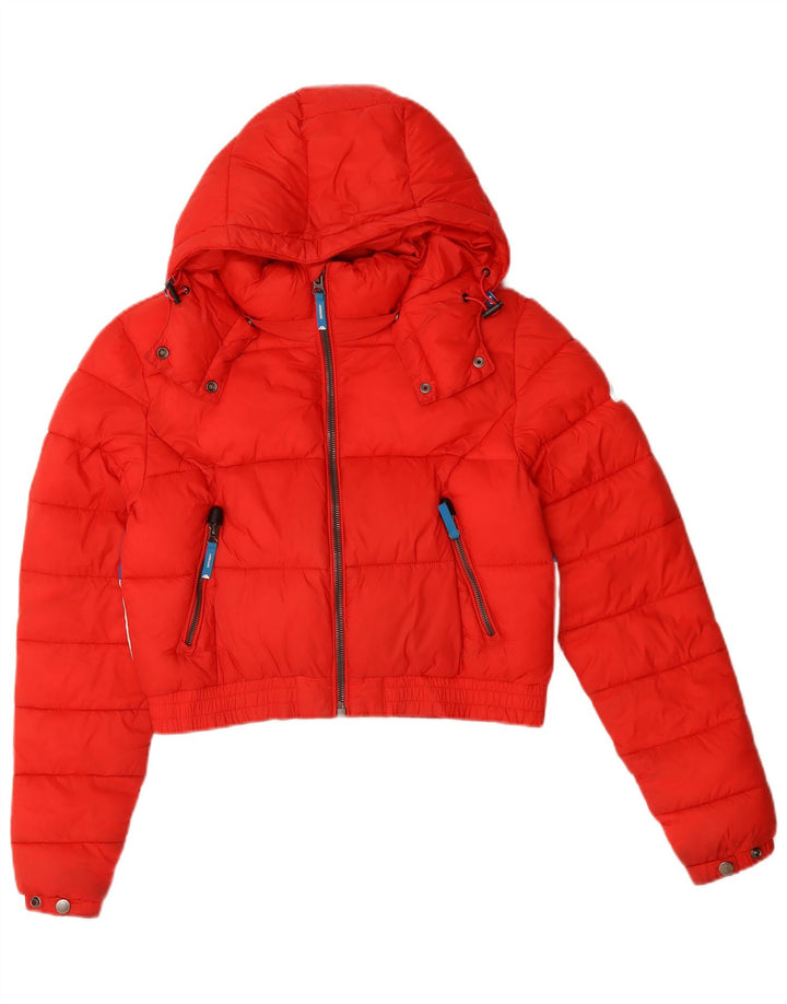 SUPERDRY Womens Crop Hooded Padded Jacket UK 10 Small Red Colourblock