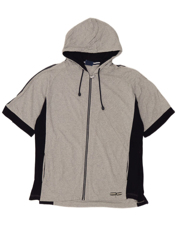 ASICS Mens Short Sleeve Zip Hoodie Sweater Small Grey Colourblock Cotton