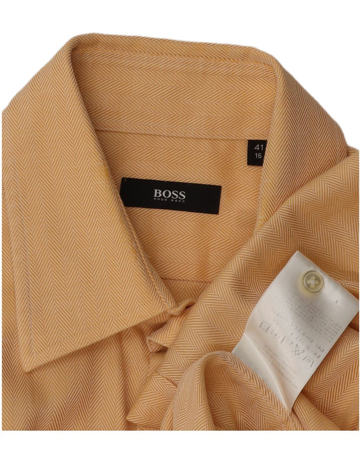 HUGO BOSS Mens Shirt Size 41 16 Large Beige Herringbone Cotton