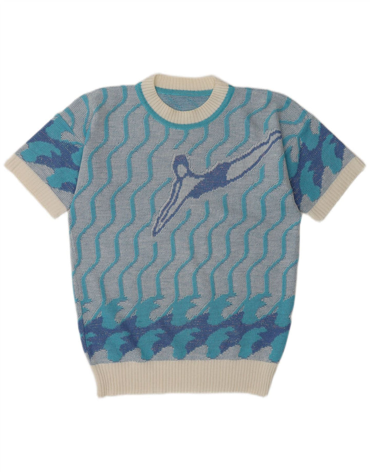 Vintage Womens Graphic Crew Neck Jumper Sweater UK 14 Medium Blue