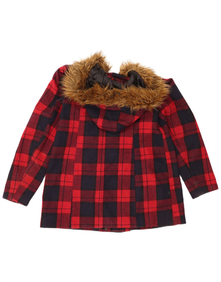 Miss Selfridge Womens Hooded Duffle Jacket UK 10 Small Red Check Wool