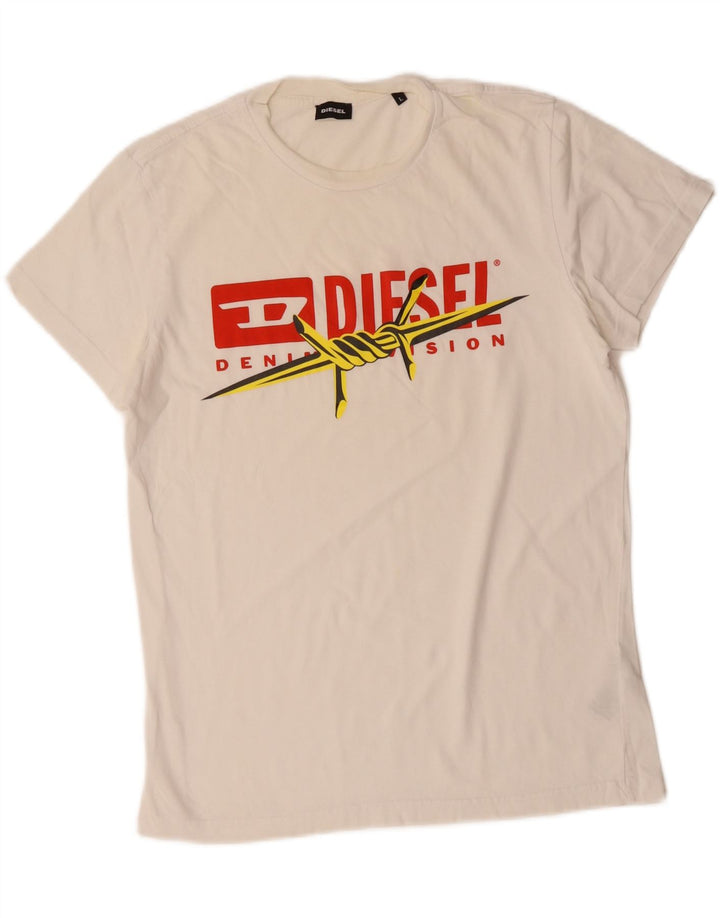 Diesel Mens Graphic T-Shirt Top Large Off White Cotton