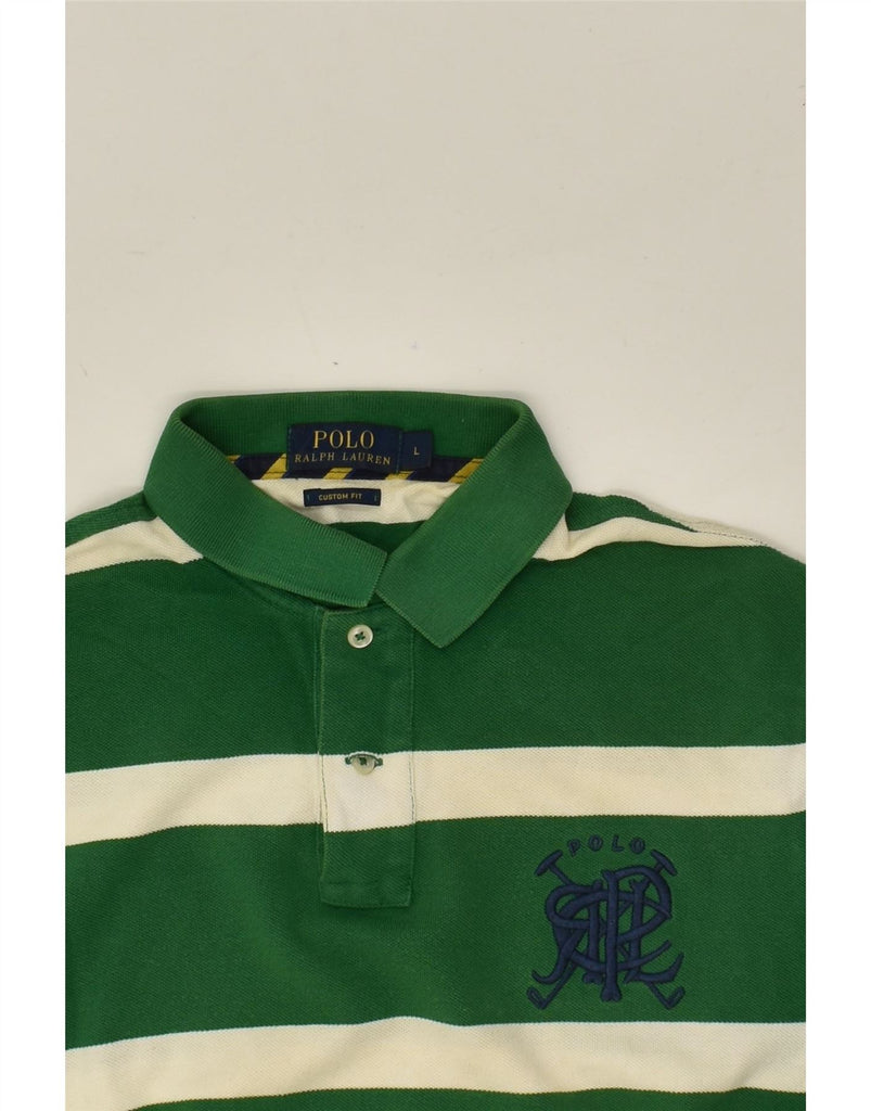 POLO RALPH LAUREN Mens Custom Fit Polo Shirt Large Green Striped Cotton Vintage Polo Ralph Lauren and Second-Hand Polo Ralph Lauren from Messina Hembry 