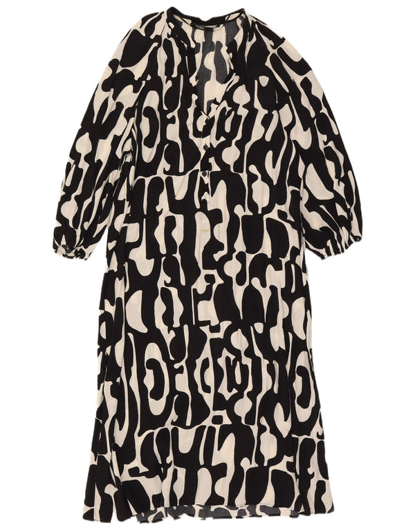Zara Womens Maxi 3/4 Sleeve Tiered Dress UK 16 Large Black Geometric