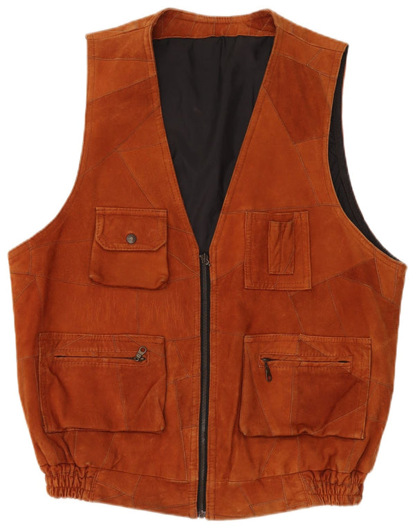 VINTAGE Mens Suede Gilet UK 40 Large Brown Patchwork