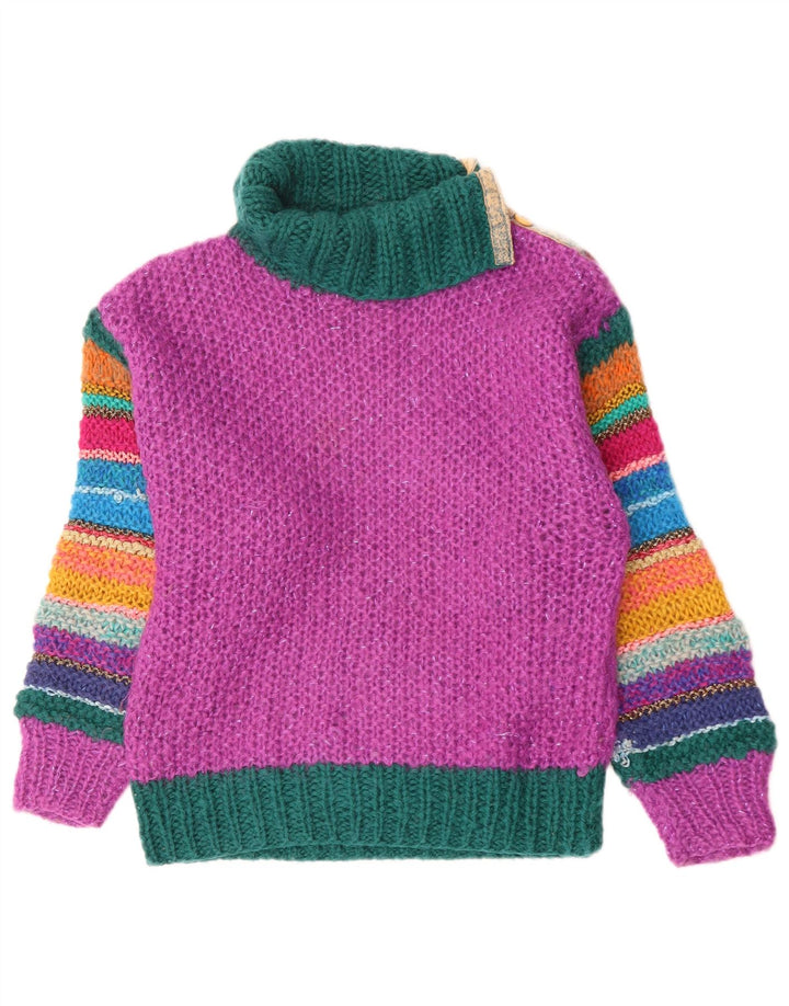 Vintage Womens Roll Neck Jumper Sweater UK 12 Medium Pink Colourblock