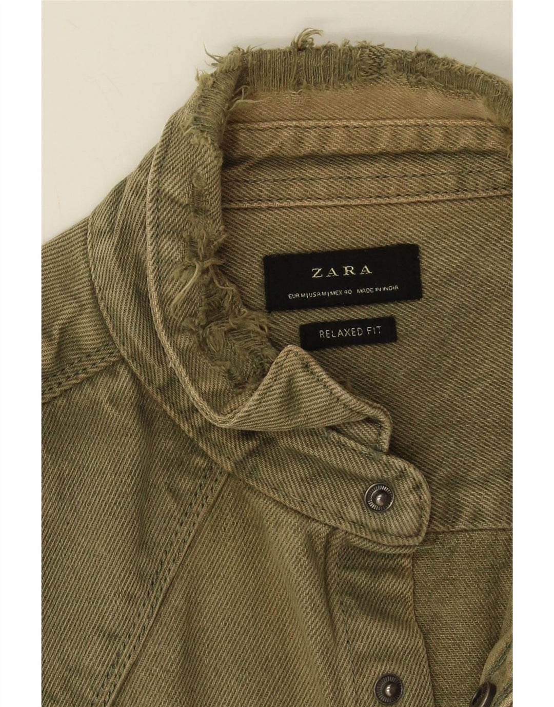 Zara Mens Distressed Relaxed Fit Denim Shirt Medium Khaki Cotton
