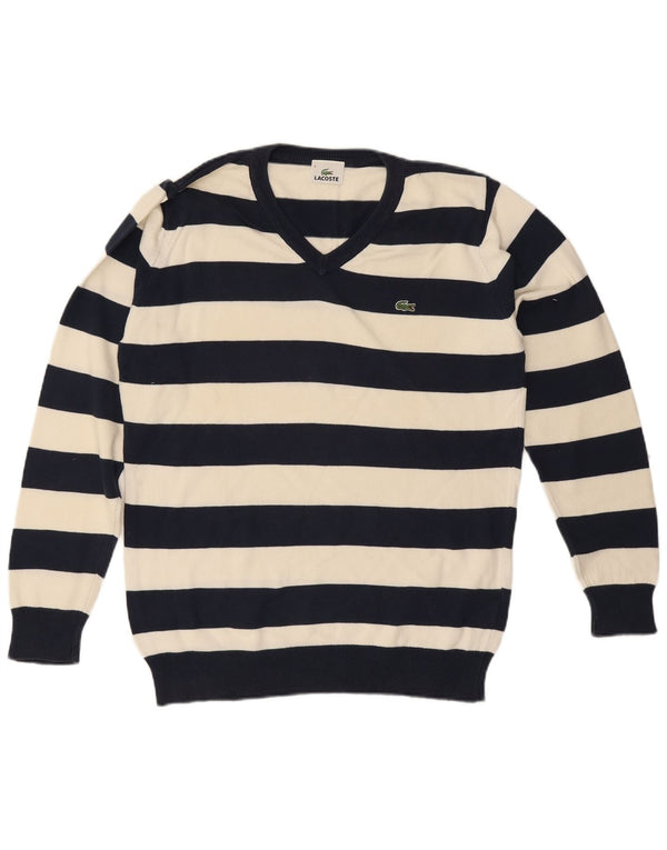 Lacoste Mens V-Neck Jumper Sweater Size 3 Small Navy Blue Striped Cotton