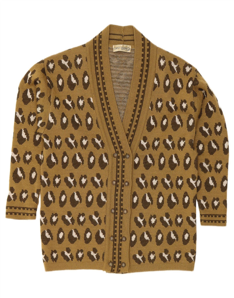 VINTAGE Womens Cardigan Sweater UK 14 Large Khaki Animal Print Wool Vintage Vintage and Second-Hand Vintage from Messina Hembry 