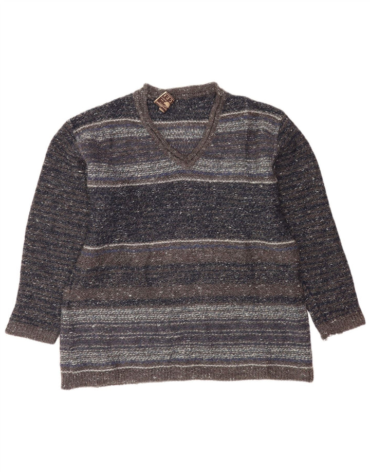 Vintage Mens V-Neck Jumper Sweater Medium Grey Striped