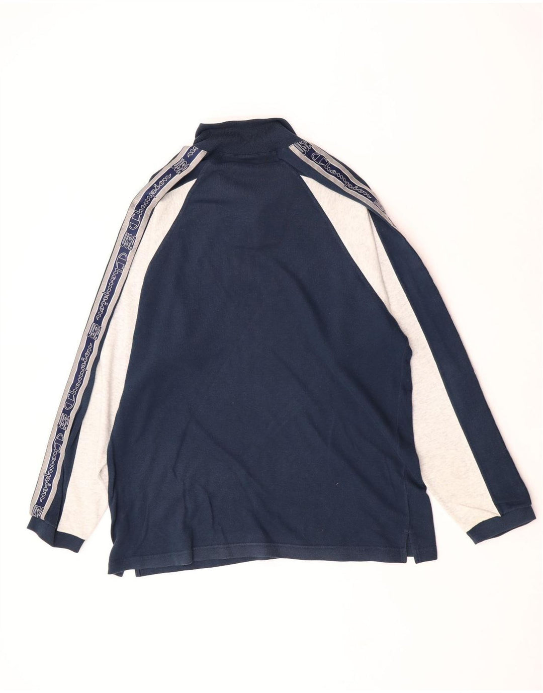 Champion Mens Zip Neck Graphic Top Long Sleeve Large Navy Blue Colourblock
