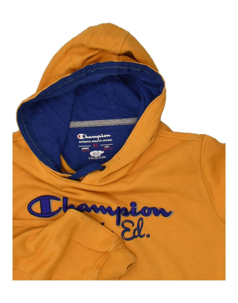 CHAMPION Boys Graphic Hoodie Jumper 13-14 Years XL Yellow Cotton | Vintage Champion | Thrift | Second-Hand Champion | Used Clothing | Messina Hembry 